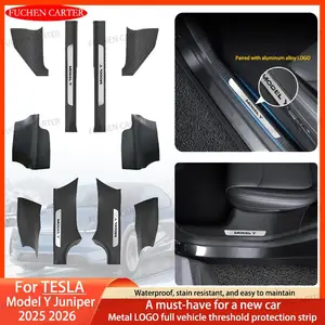 2026 New For Tesla ModelY Juniper2025 2026 Metal LOGO Front Rear Door Sill Protector Threshold Strip Anti-kick Guard Panel Car Accessorie
