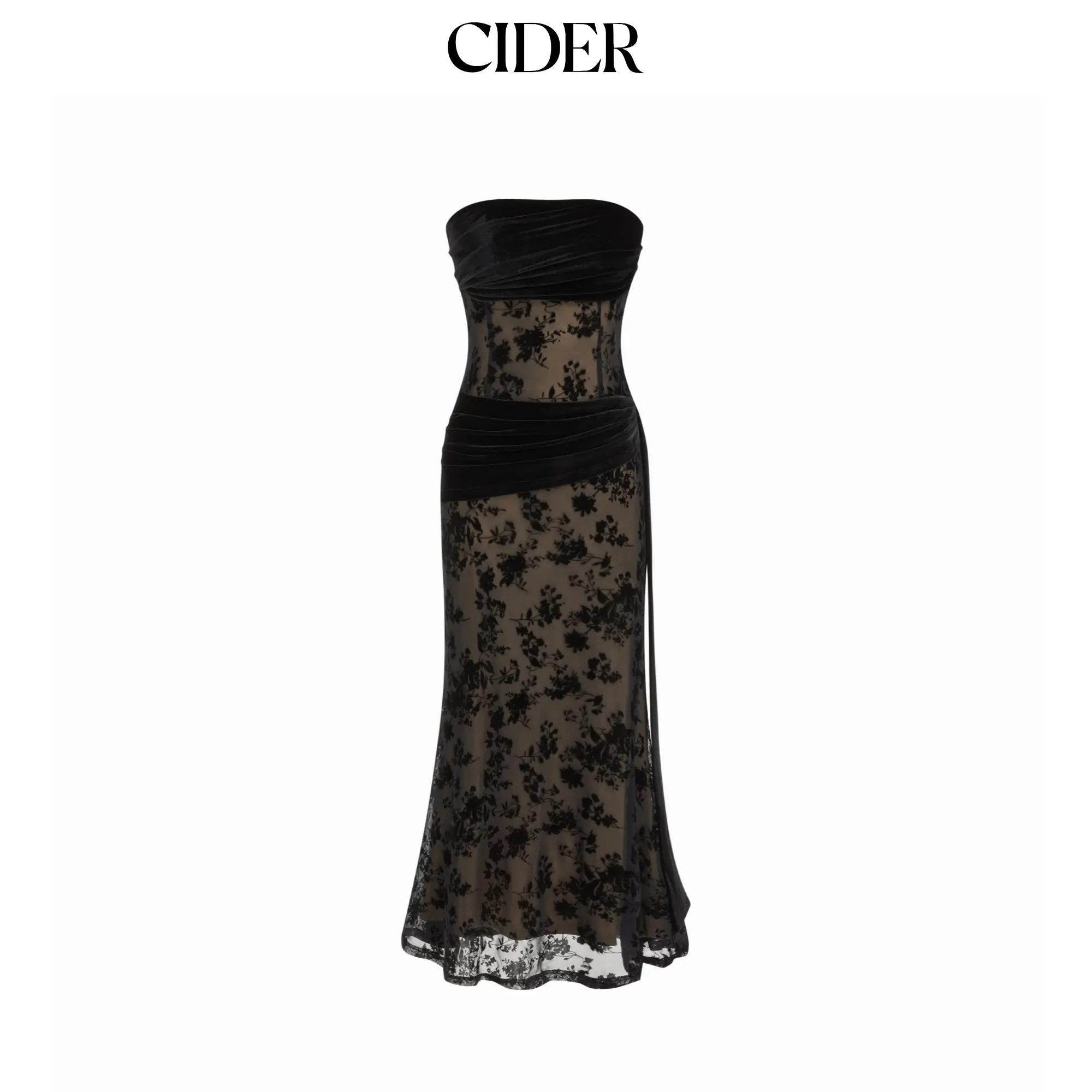 Cider Women's Sexy Floral Velvet Mermaid Maxi Dress, Ruched Bandeau Long Party Gown with Lace Detail, Floral Print Dress, Elastane, Occasion, Solid
