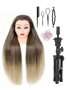 A human body model head set with hair, which comes with a tripod for hair styling practice and styling design. It is suitable for daily use and practice.