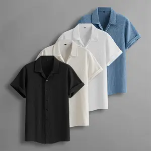 Men’s summer short-sleeve shirt with textured ruched details — trendy casual loose fit, versatile top for men
