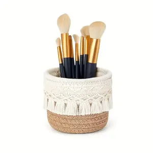 Small Tassel Desktop Storage Basket, Cosmetic Makeup Brush Organizer Box, Round Woven Display Basket, Multi-Purpose Office Storage, Weaving Basket For Makeup Brushes