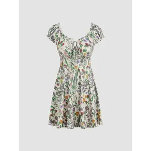 Cider [3 colors, size 0-26] Square Neck Floral Lettuce Trim Ruffle Mini Dress