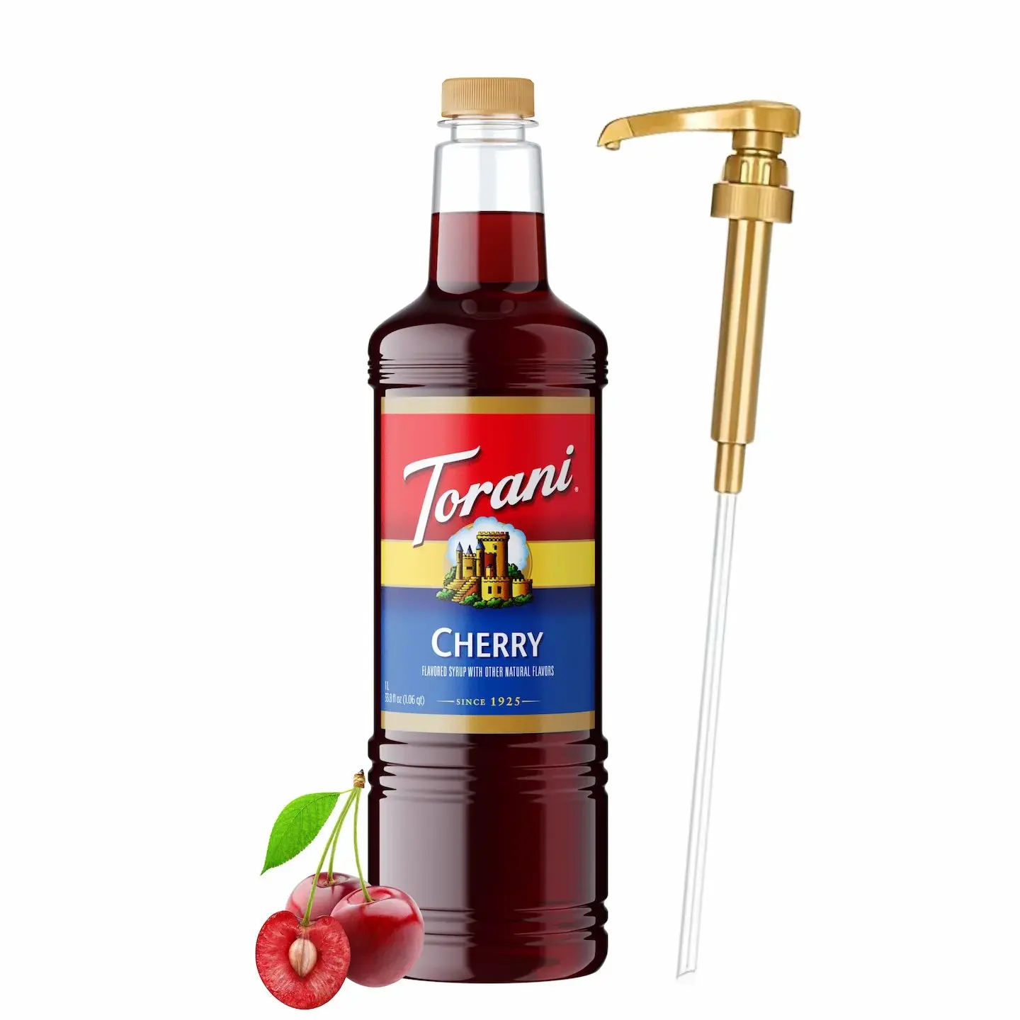 Torani Cherry Syrup, 1L Bottle with Pump - Sweet Berry Fruit Flavored Syrup for Desserts, Beverages, Beverage