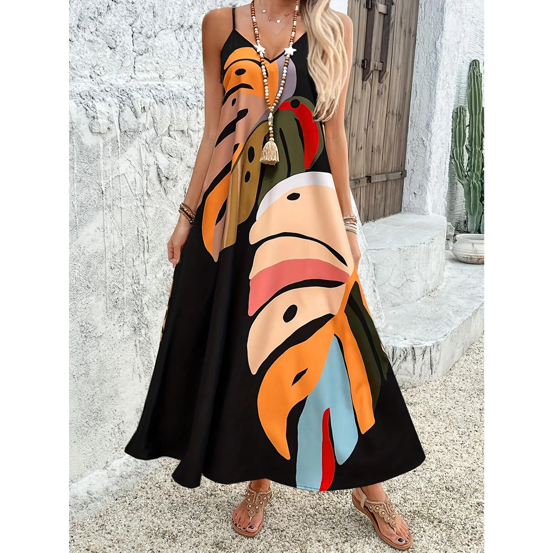 Elegant Tropical Leaf Print Midi Sundress for Women - V-Neck A-Line Swing Fit, Lightweight Polyester for Summer Vacation, Solid