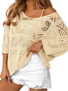 100% cotton Women's Boho Crochet Knit Sweater – Sexy V-Neck Hollow Out Pullover Top, Lightweight 3/4 Sleeve Loose Fit Knitwear, Summer Beach Cover Up & Casual Spring Jumper