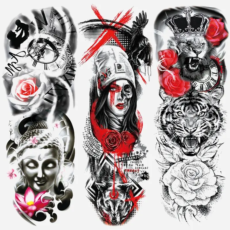 3 Full Arm Temporary Tattoo Stickers, Waterproof Realistic Tattoos, Lion Tiger Floral Cross Border Large Set, Long-Lasting Low Allergy Body Art Decor
