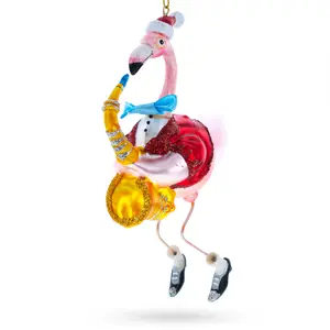 Flamingo Playing Saxophone Blown Glass Christmas Ornament