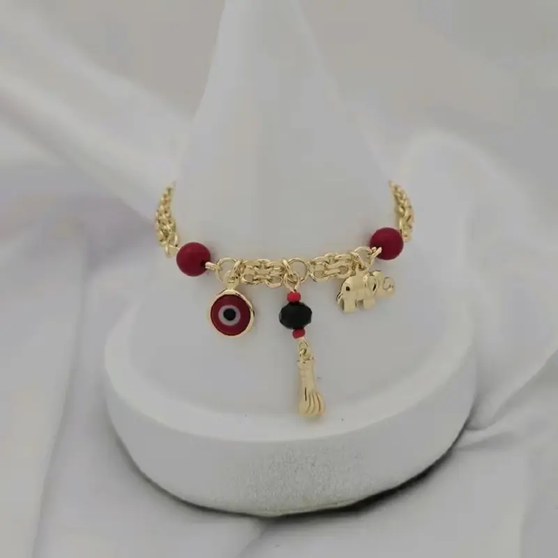 Angeline Lorn #1233 Pulsera Azabache Ojito Rojo Laminado 14k 3 Capas Oro Real Stainless Steel Water Resistant Daily Use High Quality