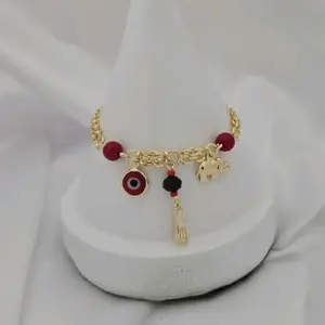 Angeline Lorn #1233 Pulsera Azabache Ojito Rojo Laminado 14k 3 Capas Oro Real Stainless Steel Water Resistant Daily Use High Quality