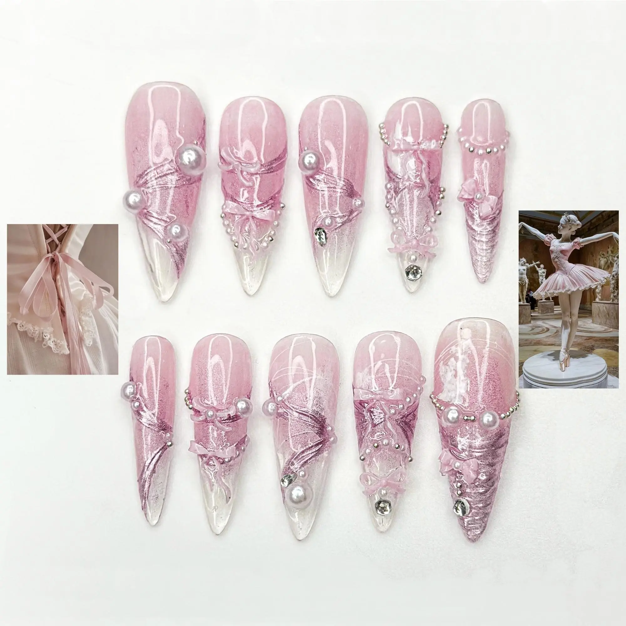 Pink Ballerina Press On Nails for Girls | Soft Blush Ombre Nails with Pearls & Ribbons | Coquette Ballet Inspired | Stiletto Nails