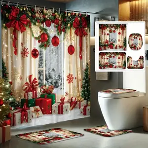 1/4 pcs Christmas shower curtain set with gift balls, snowflakes and bows, festive design, non-slip floor mat, U-shaped carpet, toilet seat cover, for bathroom decoration, partition, 12 shower curtain hooks included, Bathroom Decoration Accessories
