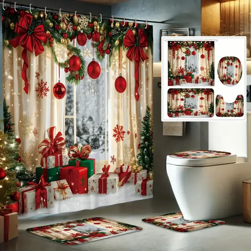 1/4 pcs Christmas shower curtain set, Bathroom shower curtain sets, with gift balls, snowflakes and bows, festive design, non-slip floor mat, U-shaped carpet, toilet seat cover, 12 shower curtain hooks included