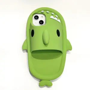 Cartoon Cute and Funny Green Shark Slippers Mobile Phone Cover Suitable for IPhone 11 12 13 14 15 16 Silicone Soft Phone Cases