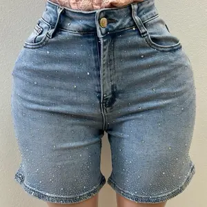 Blue Denim Shorts, Rhinestone-Adorned Casual Bottoms for Women