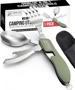 4-in-1 Camping Utensils, 1-Pack, Portable Stainless Steel Spoon, Fork, Knife & Bottle Opener Combo Set - Travel, Backpacking Cutlery Multitool, Red