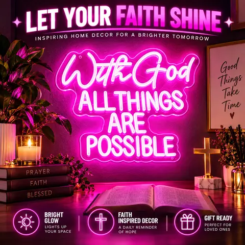 "With God All Things Are Possible" Contemporary Plastic Decorative Neon Sign, Dimmable LED Atmosphere Light, Backlit Aesthetic Home Decor Accessory for Family Bedroom, Party Church