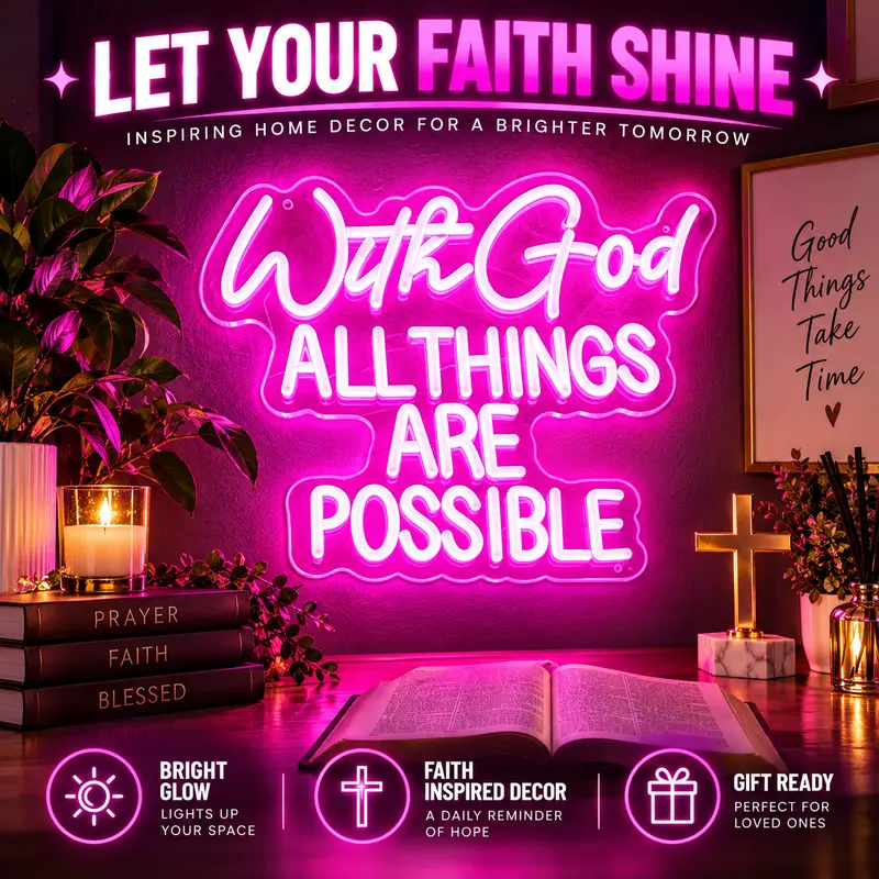 "With God All Things Are Possible" Contemporary Plastic Decorative Neon Sign, Dimmable LED Atmosphere Light, Backlit Aesthetic Home Decor Accessory for Family Bedroom, Party Church
