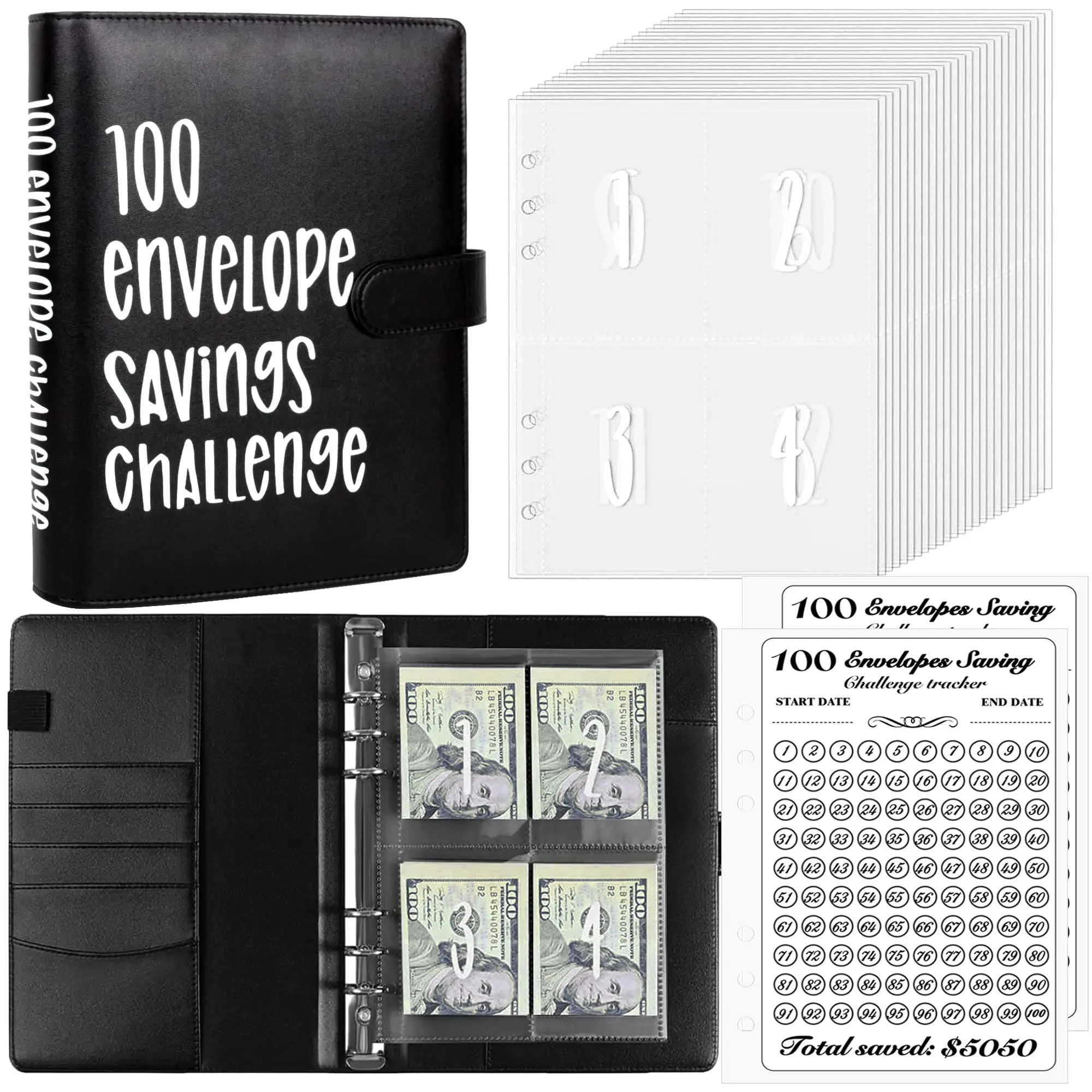 100 Days Money Saving Challenge Binder-Envelope System to Save $5,050, Includes Budget Book & Live Clip, Perfect for Family or School Cash Management