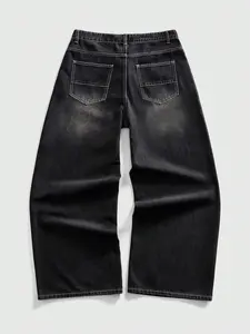 Men Street Style Angel Christ Cross Print Straight Leg Jeans High End Loose Fit Long Pants Trendy Cool Streetwear 2026 Fashion