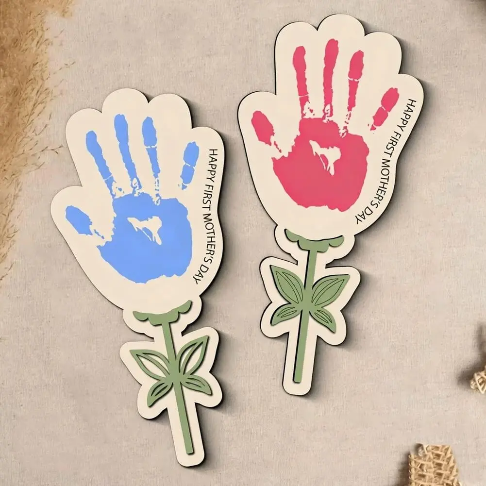 2pcs DIY Mother's Day Crafts, Child Handprint Art, Wooden Rose Bouquet, Gift for Mom, Grandmother, Memorial Craft, Paulonia Wood, China Harvested, Gift Package