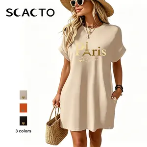 Scacto Midi Paris Print Crew Neck Tunic Dress - Geometric Pattern, Mid Elasticity, Semi-Sheer, Dual Pockets, Loose Fit, Machine Washable, Perfect For Spring, Summer, And Fall - Womens Casual - Polyester, Fabric Womenswear, Shortsleeve, Cloth Casual Dresse