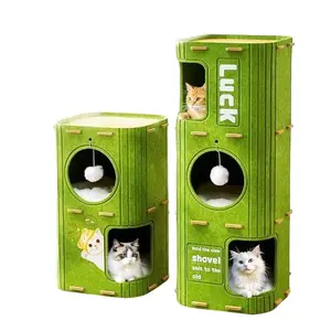 Cute green cat tower with cat holes, double-layer cat bed house with scratching board, non-slip cat nest for large cats, indoor interactive cat toy