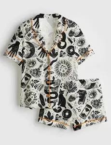 Witchy Pajama Set for Women Occult Print Short Sleeve Pajamas Gothic Mystic Sleepwear 100% Polyester Satin Loungewear with Chest Pocket & Side Pockets