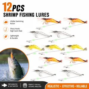 Glow Soft Shrimp Lures – Luminous Fishing Bait Set with Sharp Hooks, Saltwater & Freshwater, for Bass, Trout, Salmon, Walleye, Crappie, Pike
