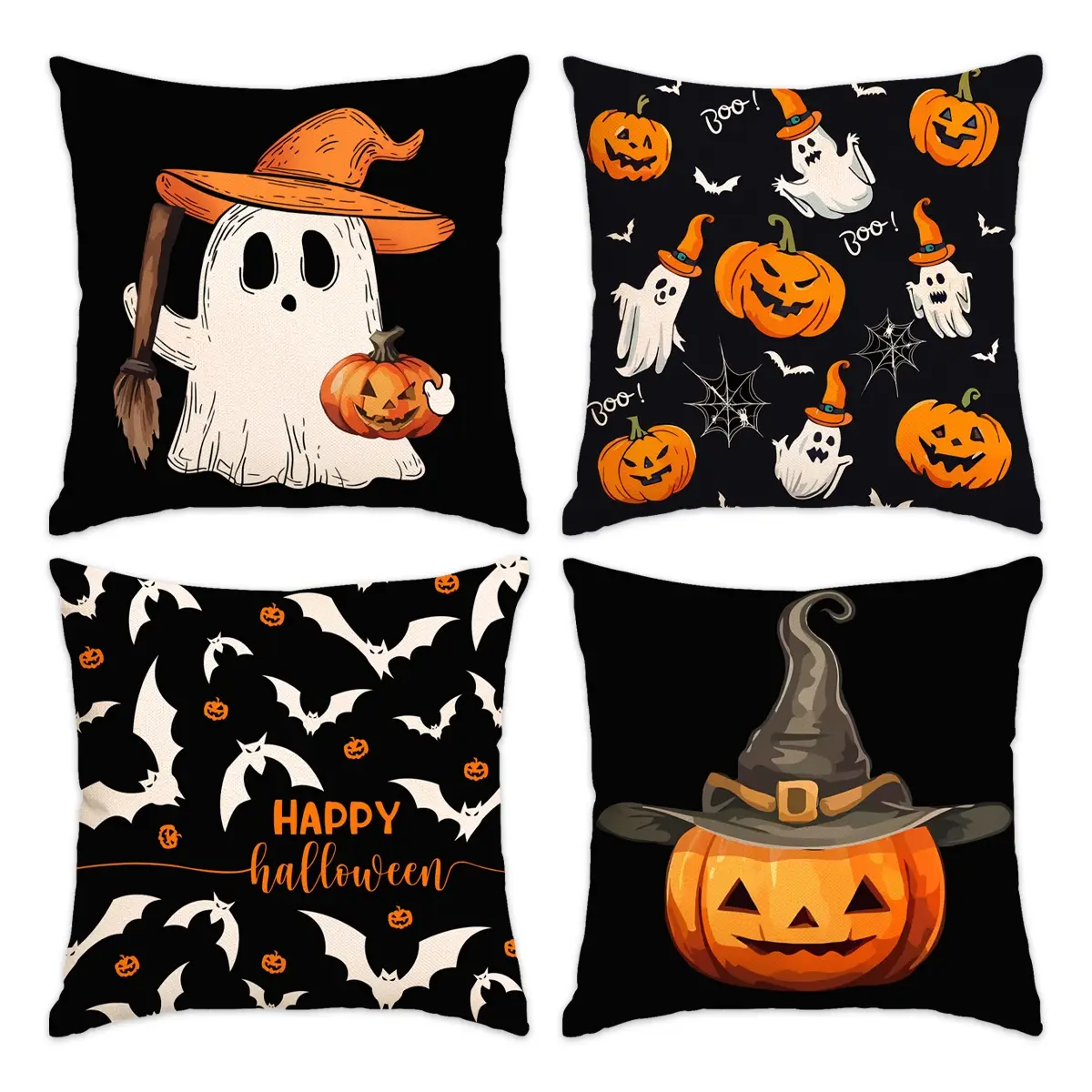 Halloween/Christmas Themed Cushion Cover, 4 Counts/set Ghost & Pumpkin Pattern Cushion Cover without Filler, Household Decoration Supplies for Home Li