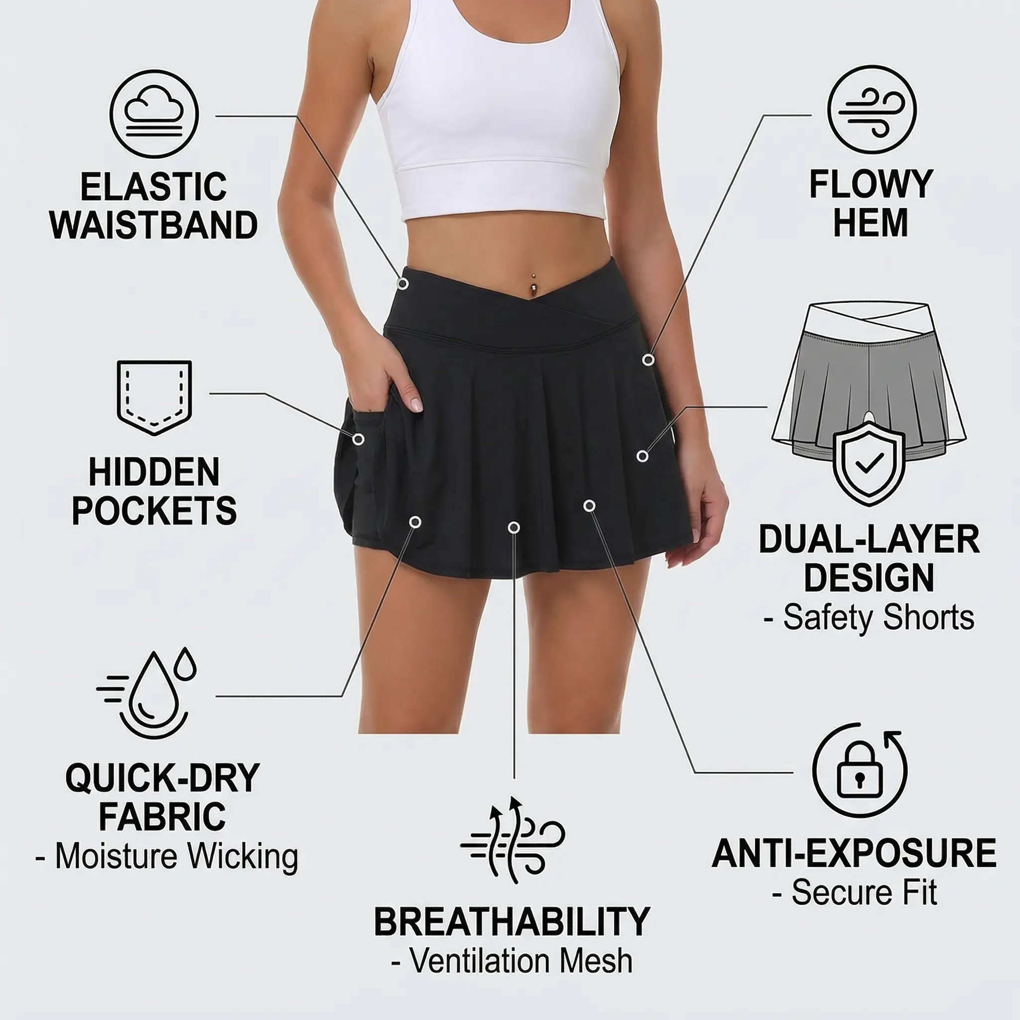 Women's High-Waisted Sports Skort with Pockets, Suitable for Tennis, Golf