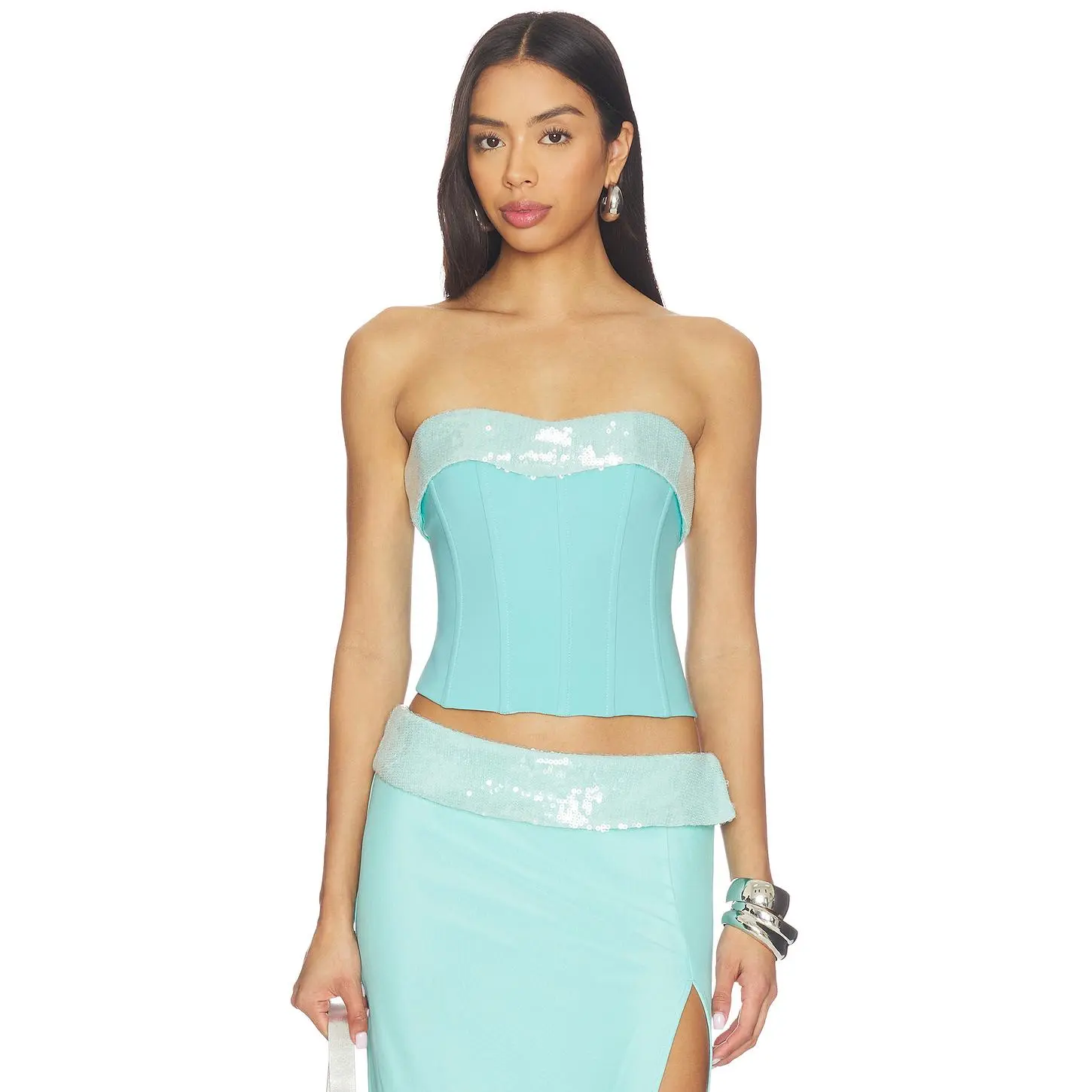 Tiger Mist Sequin Bust Corset in Aqua