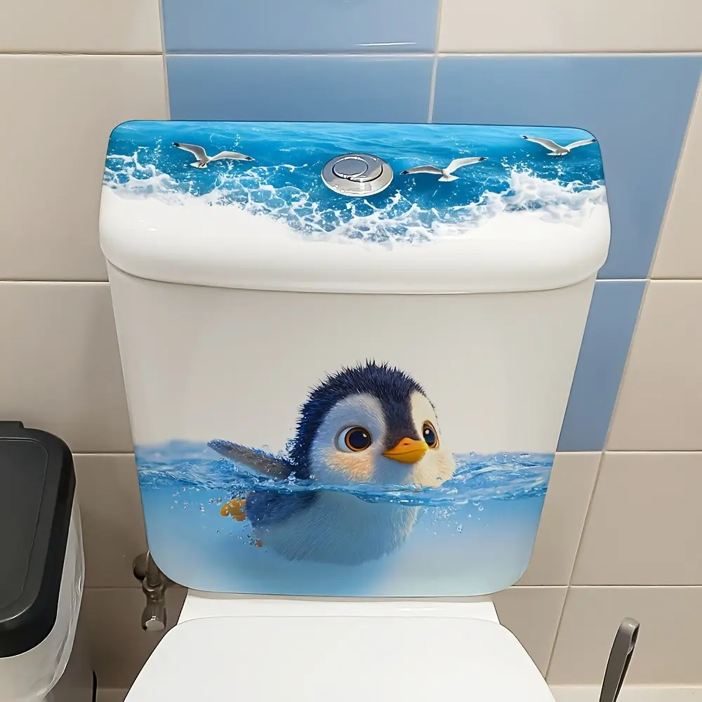 Ocean Penguin Toilet Sticker, Cute Animal Wall Decal, Self-Adhesive Removable Decor, Bathroom Decoration Supplies Home Decoration, Living Room Bedroom Office, Bathroom House Decor