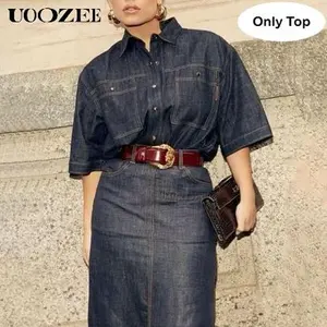 UOOZEE Women's Collared Half-Sleeve Button-Down Loose Lapel Blouse Top - Women's Clothes, Clothes, Minimalist, Comfortable Soft Polyester-Cotton Blend, Slight Fading, Breathable Summer Casual (Only Top, Denim Blue),summervibes