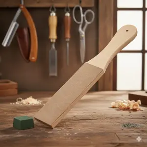 Professional Double-Sided Leather Stropping Belt for Razors & Knives. Home Sharpening Kit with Wood Handle. Durable Polishing Tool for Blades Maintenance.