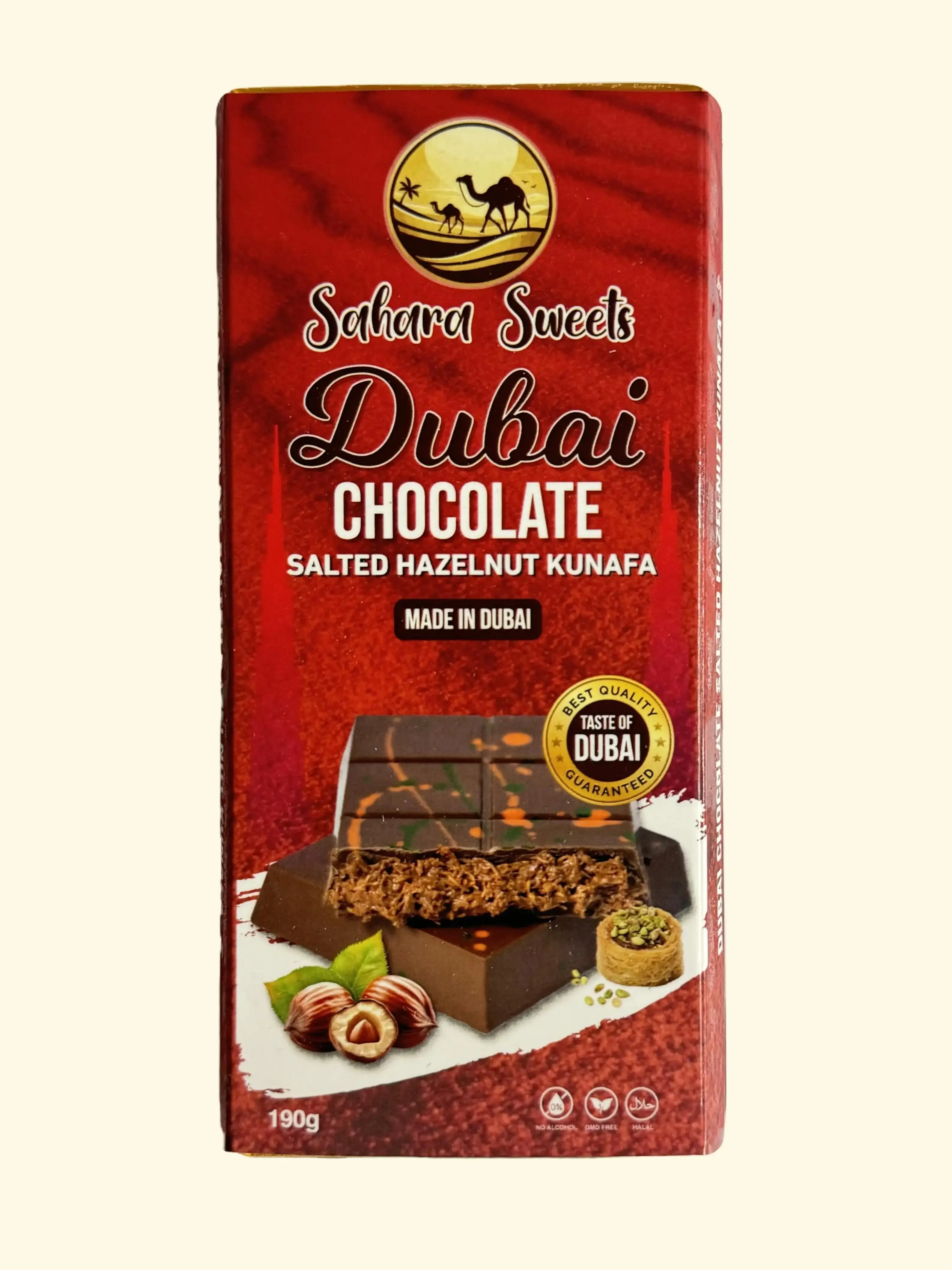 Sahara Sweets Dubai Chocolate Bar - Handcrafted Milk Chocolate with Nutella and Crispy Kunafa Filling. Authentic flavors from Dubai