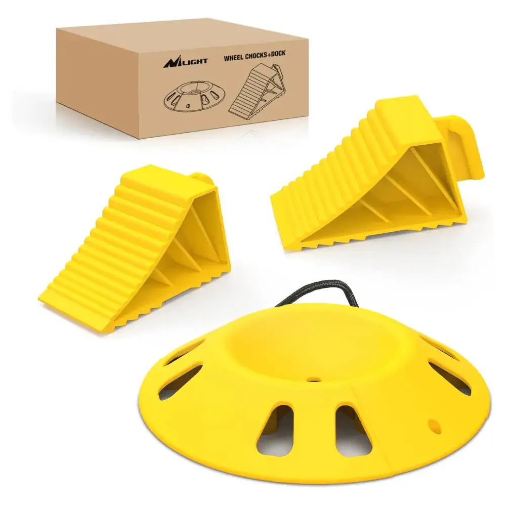 Nilight Plastic RV Wheel Chocks with 1 Wheel Dock Kit - Thermoplastic RV Set, Anti-Slip Grip, Rope Handle, Durability, Secure for Campers, Single Axle Trailers, Tires Up to 23" Diameter, All-Season Car Exterior Accessory for Grass, Sand