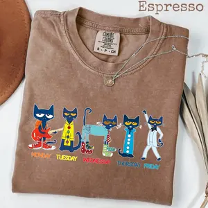 Comfort Colors Pete The Cat Days Of The Week T-Shirt, Funny School Teacher Graphic Tee with Kidcore Cartoon Design, Trendy Oversized Casual Outfit, Stylish Cute Bookish Gift Top Perfect for Classroom Fashion