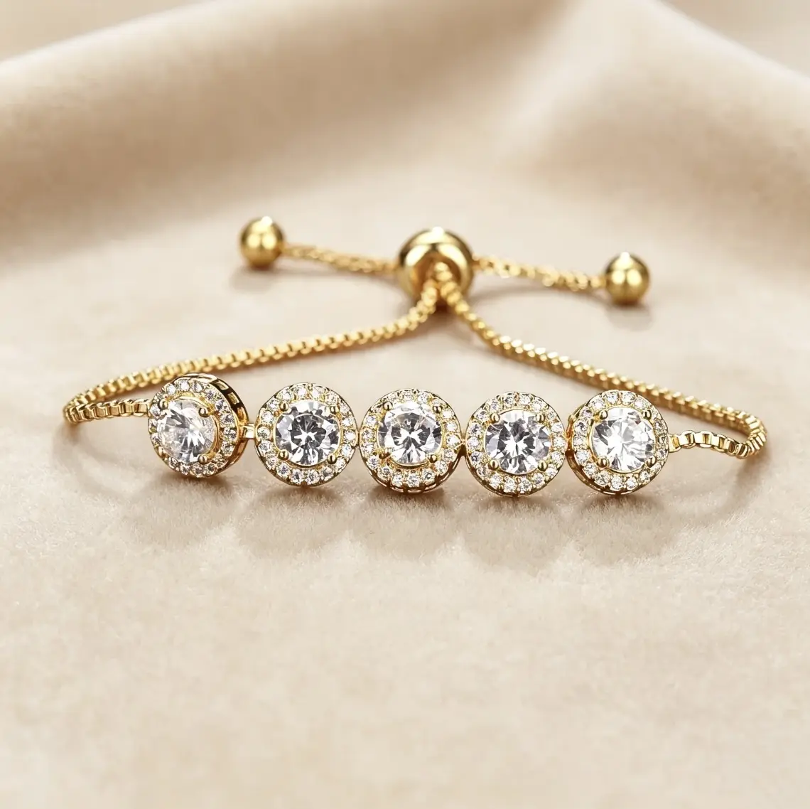 14K Gold Plated Adjustable Bracelet for Women, Round Halo Cubic Zirconia Tennis Bracelet, Waterproof Stainless Steel Dainty Stackable Bracelets, Hypoallergenic, No Fading, Sparkly CZ Jewelry, Ideal for Daily Wear & Perfect Gift for Her