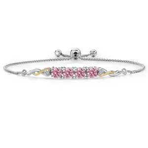 Gem Stone King 925 Silver and 10K Yellow Gold Pink and White Lab Grown Diamond Bracelet For Women | 2.02 Cttw | Gemstone April Birthstone | Round 5MM | Fully Adjustable 9 Inch