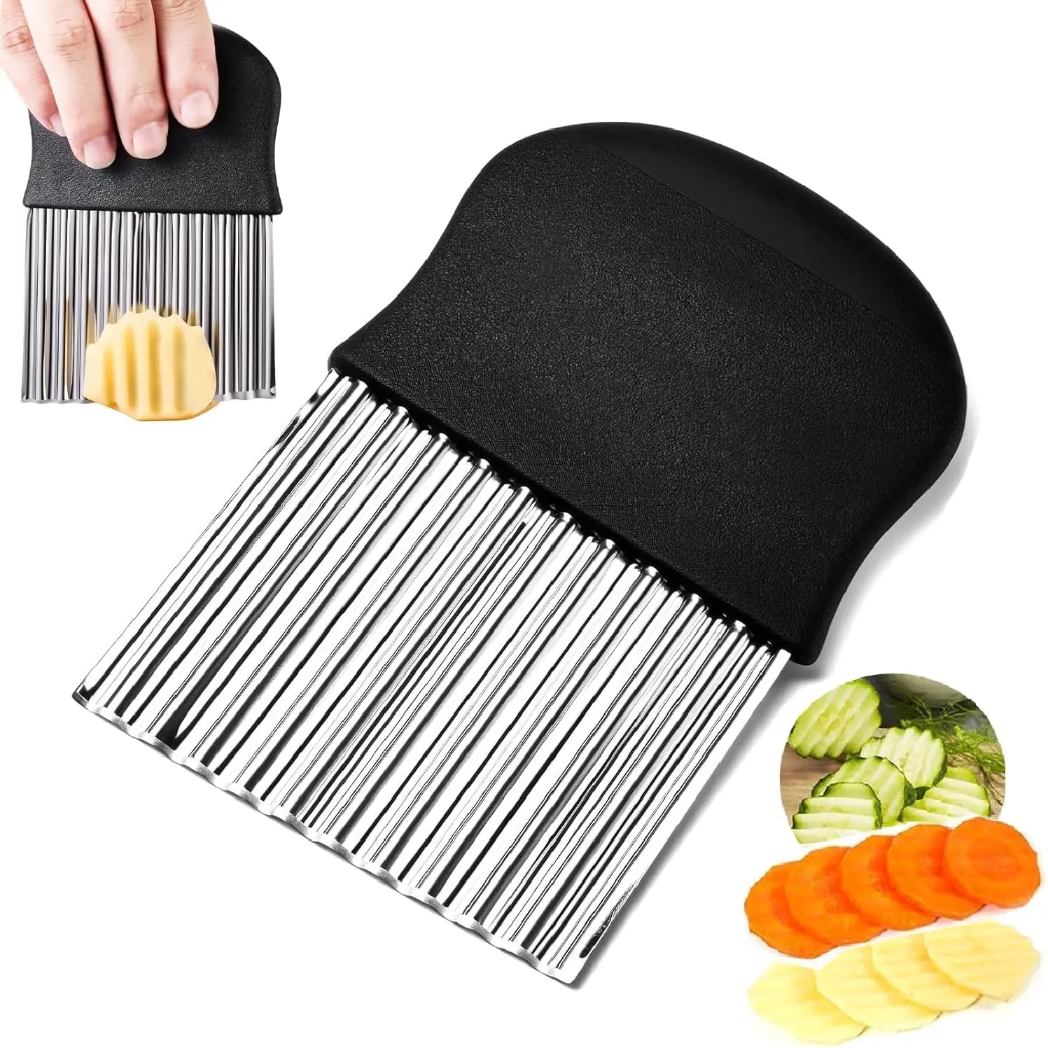 2PCS Lightweight Kitchen Crinkle Wave Cutter - Non-Slip Silicone Handle, Stainless Steel Blade, Multifunctional Veggie Chopper for Potato Gratin Casserole & Fruit Salad, Smooth Cutting Food Presentation Tool, Set