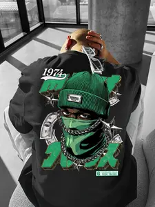 Men's 90s Retro Hip-Hop Double-Sided Print Cotton T-Shirt, 1974 Logo, Loose Fit, Perfect for Music Festivals, Skateboarding, Streetwear