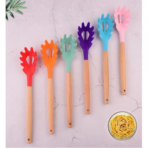 1 Pack Custom Engraved Wooden Handle Silicone Pasta Fork Spaghetti Spoon Heat Resistant Noodle Grabber Non-Stick Kitchen Cooking Utensil For Home Baking Cooking