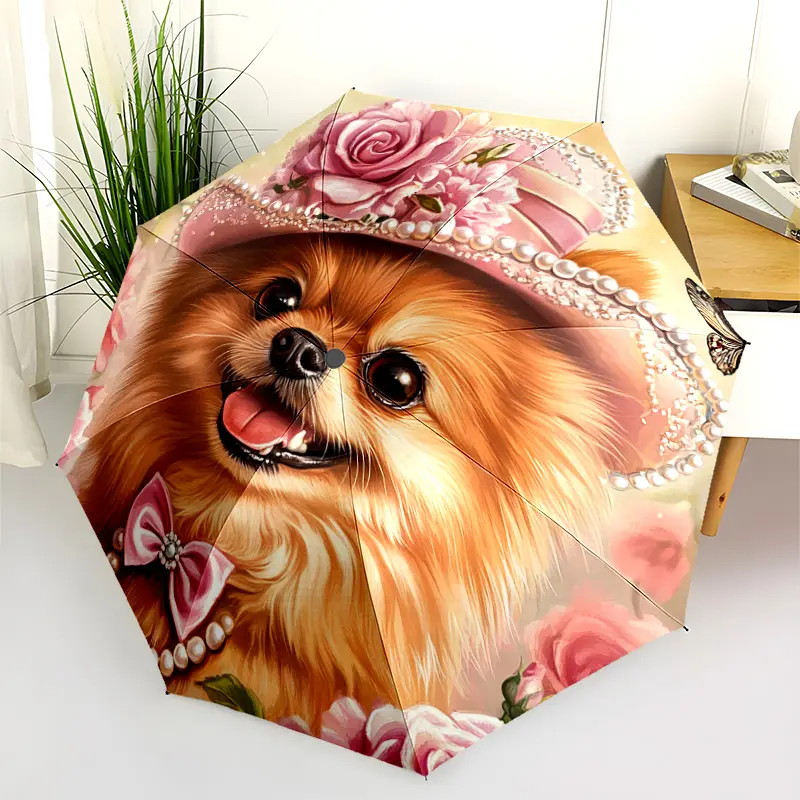 1 PC Automatic Folding Umbrella - Charming Pomeranian in a Floral Hat Pattern, Portable & Foldable Design with 8 Ribs, Merry Christmas Pattern,Casual Outdoor Accessory Halloween and Christmas Birthday Gifts. F0061