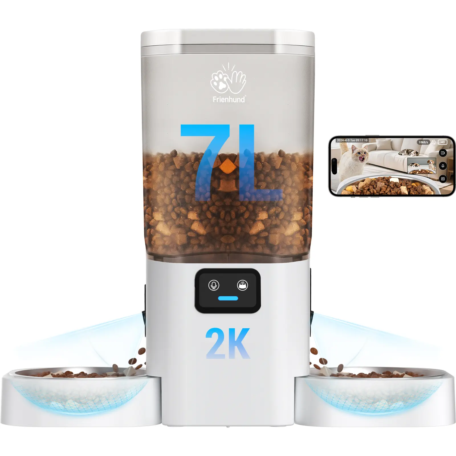 Frienhund Dual Camera Smart Pet Feeder – CHOOSE: WITH CAMERA / NO CAMERA, with 7L Dry Food Capacity, 1080P HD Monitoring, Night Vision, App Remote Control, Timed & Portion Feeding,  Dual Stainless Steel Bowls for Multi-Pet Homes, Dual Bowls