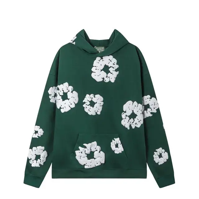 Dark green hooded sweatshirt (white flor