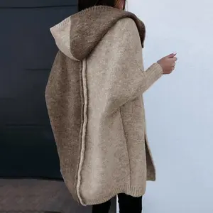 Women 2024 Open Front Long Sleeve Hooded Knit Cardigan Sweater Color Block Outwear Coat