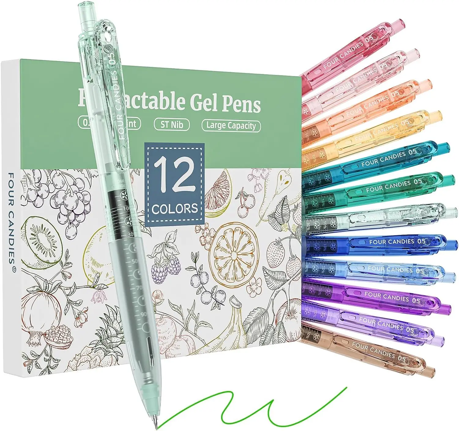 Four Candies 12Pack 0.5mm Quick Dry Retractable Gel Pen Set, Cute Transparent Fine Point Multicolor Note Taking Aesthetic lnk Pens, Comfort Grip 12 In
