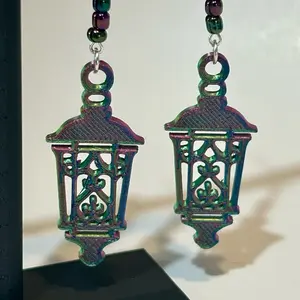 Enchanted Lantern Earrings - Ethnic Design with Iridescent Cutout Details & Matching Beads for Fantasy & Gothic Aesthetics