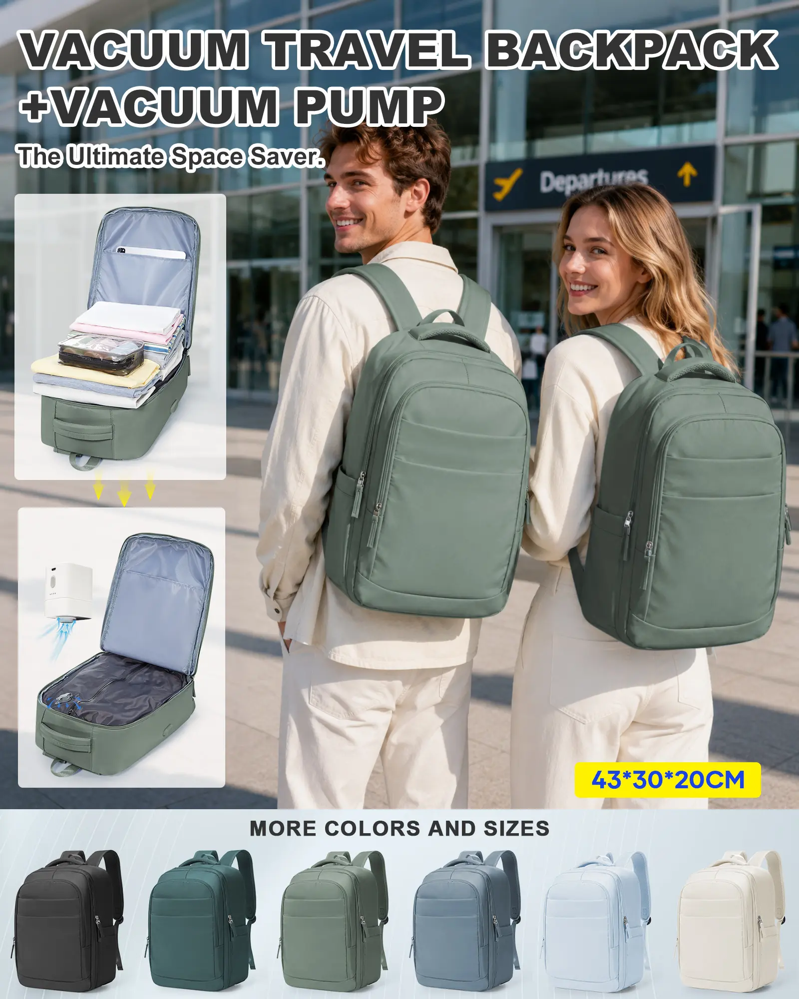 Vacuum-sealed travel backpack (with pump); carry-on travelbackpack for air flights; unisex (for men and women);equipped with a vacuum system; vacuum travel backpacklaptop backpack