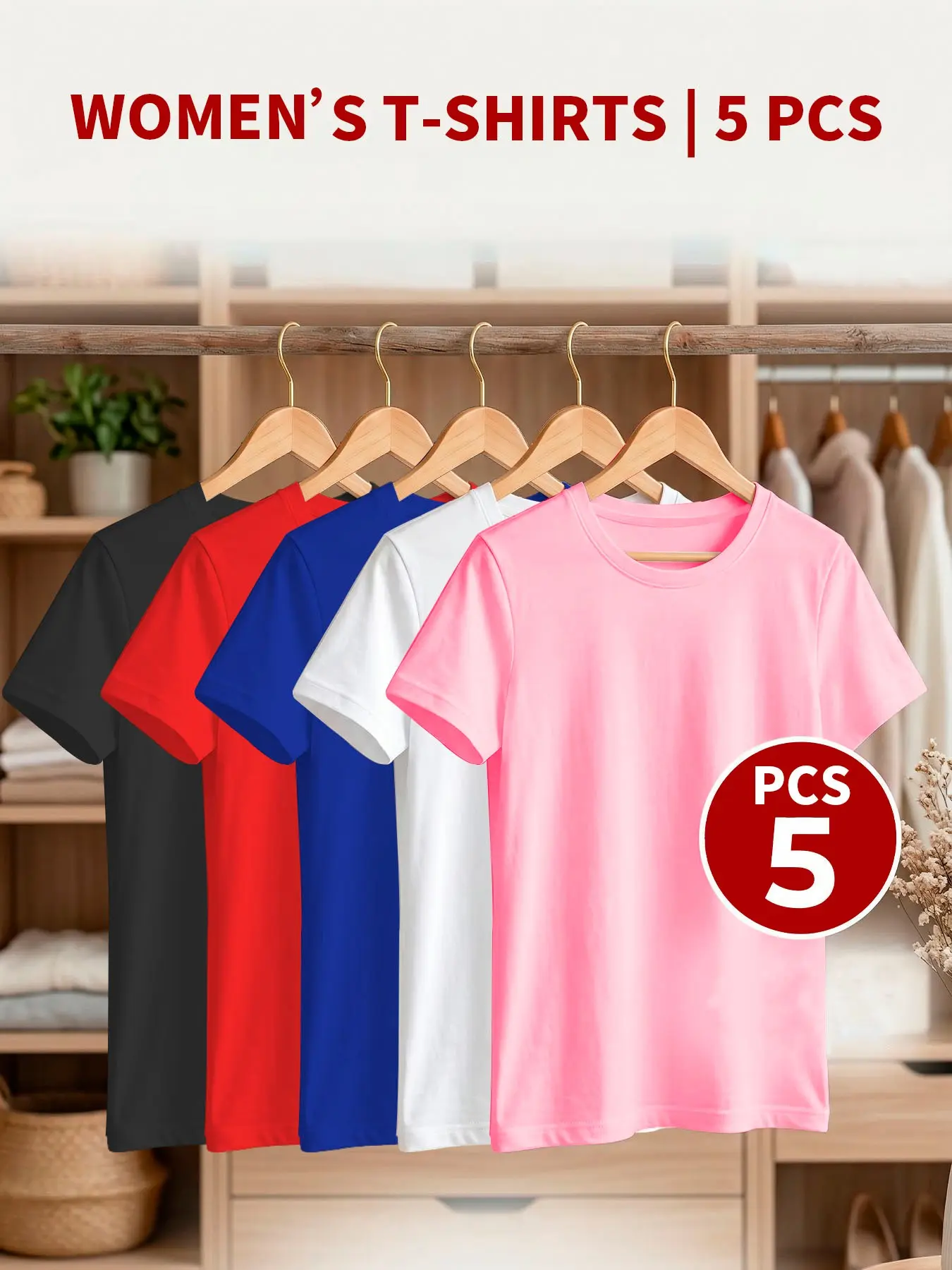 5-Pack Plus Size Women's Short Sleeve T-Shirts, Basic Tee Tops Summer Casual Minimalist Round Neck Top, Plain Knit Fabric, Breathable, Elastic, Medium Fit, Lady, Womenswear